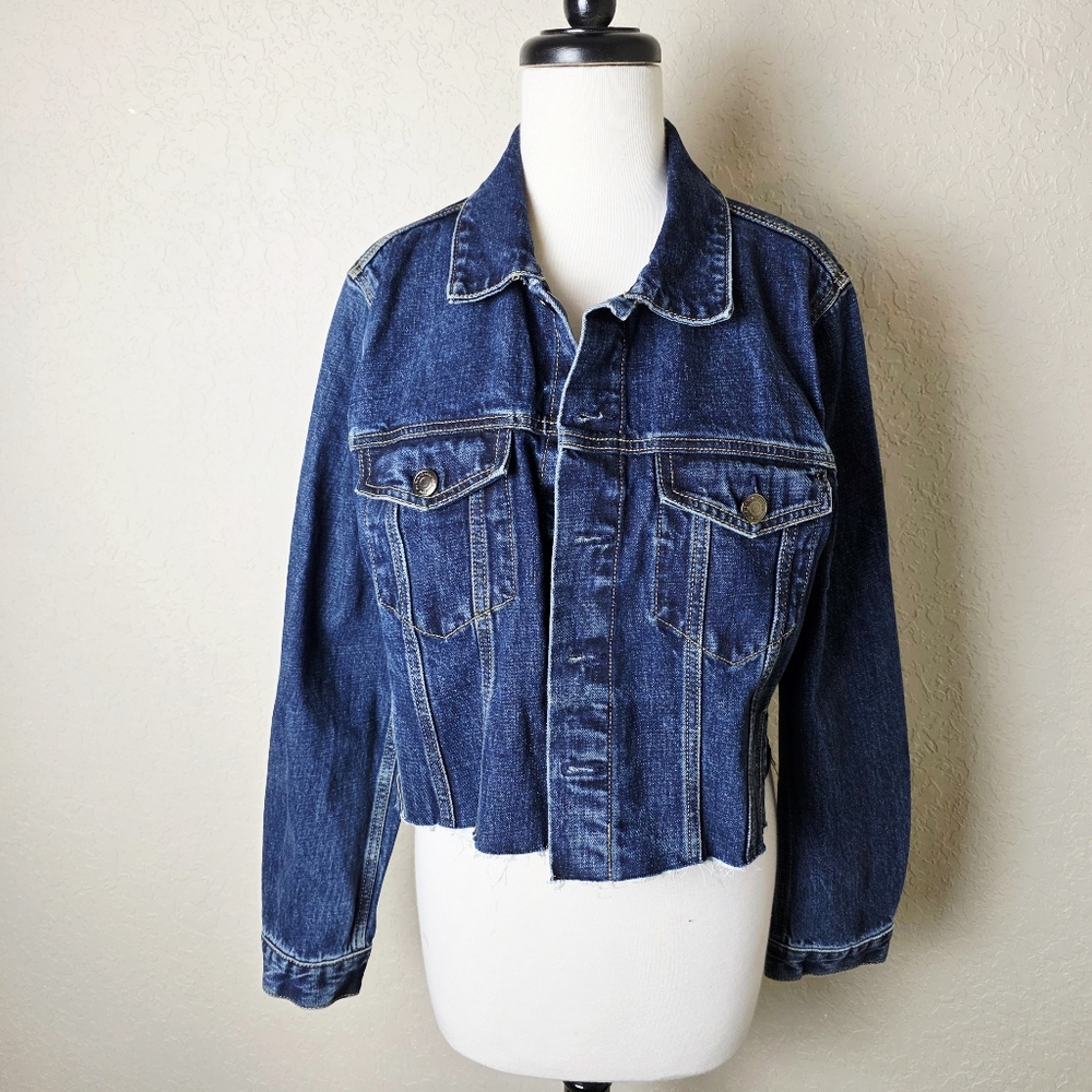 Zara Cropped Dark Wash Denim Jean Jacket Womens Size L New
